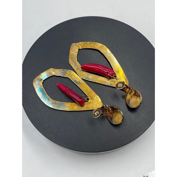 Sylvia Toledano Coral and Turquoise Corail Drop Bold 22k GP Drop Clip Earrings - Picture 3 of 11